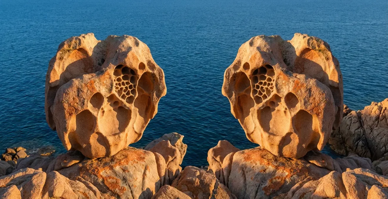 Formations de taffonis aux teintes rouge-orangé de Piana baignées dans la lumière dorée
