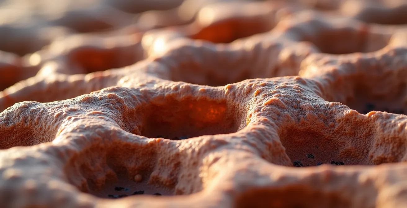 Gros plan sur les formations tafoni dans le granit rouge de Piana montrant les cavités creusées par l'érosion