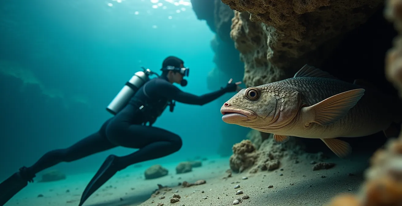 Apnéiste en approche silencieuse d'un mérou dans les fonds corses