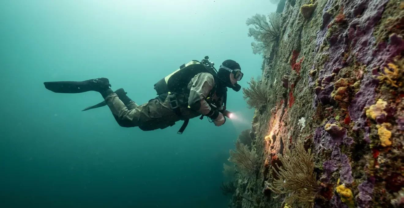 Plongeur démontrant une technique de palmage de précision près d'une paroi de granit