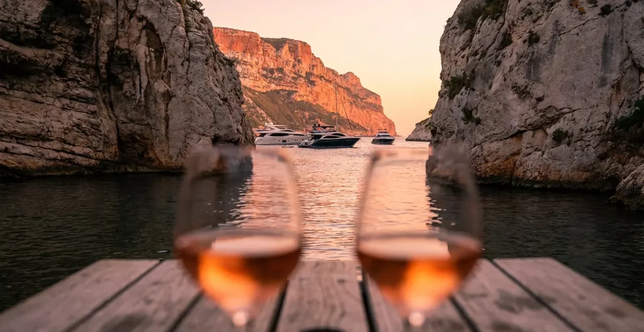 Terrasse de bar surplombant le goulet de Bonifacio au coucher du soleil avec yachts rentrant au port
