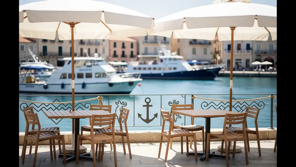 Terrasse de café ombragée avec vue sur les ferries au port
