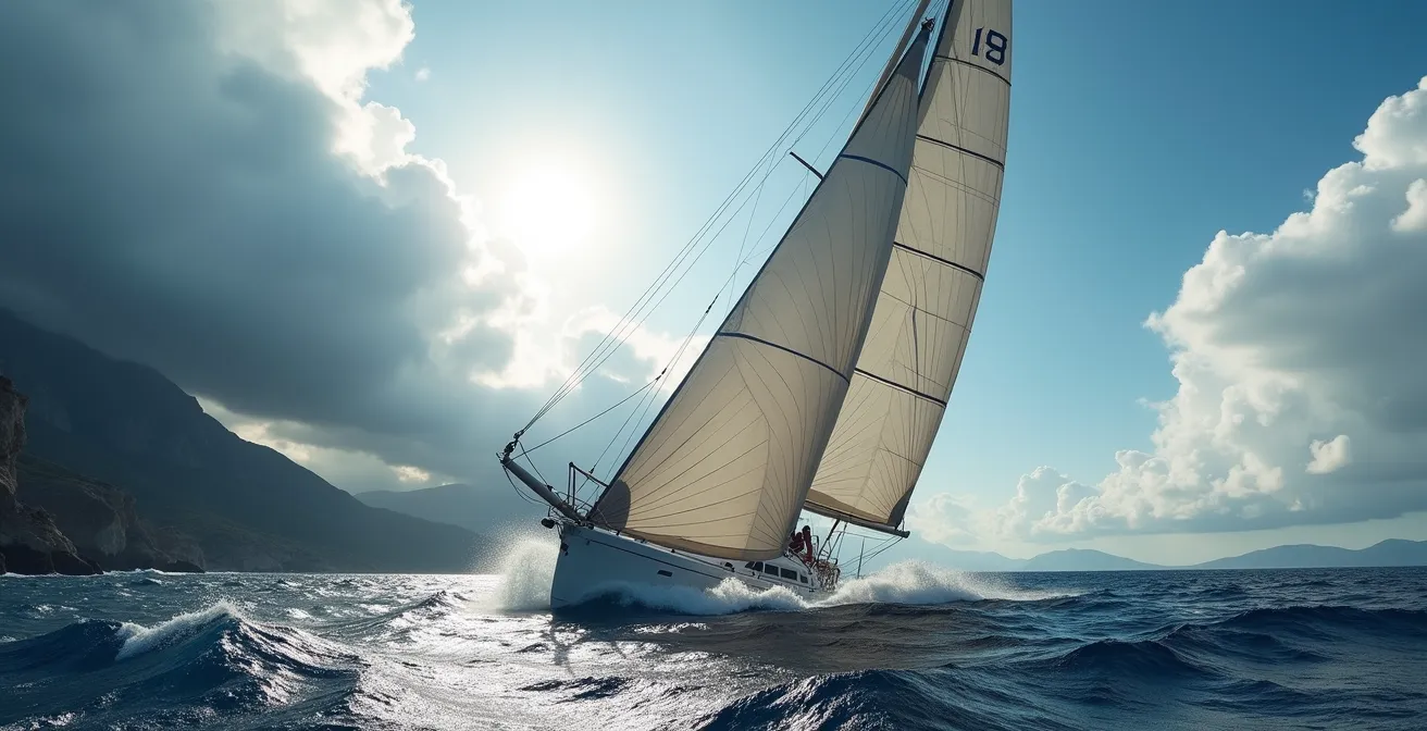 Voilier naviguant au large de la côte corse avec ses voiles gonflées par le vent