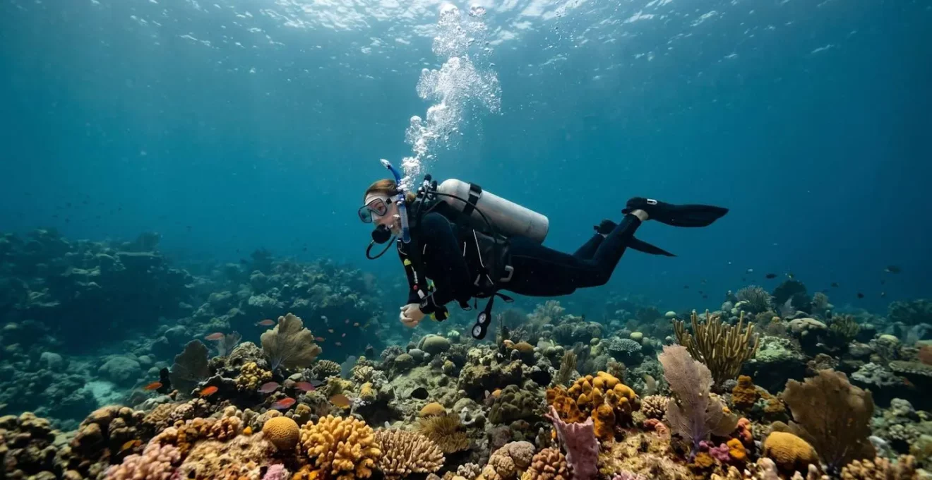 Plongeur en combinaison noire et équipement complet glissant au-dessus d'un fond rocheux coloré, bulles d'expiration régulières visibles, lumière naturelle bleutée filtrée depuis la surface