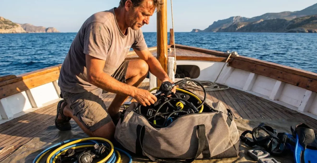 Plongeur organisant son équipement subaquatique dans un sac de plongée au bord d'un bateau