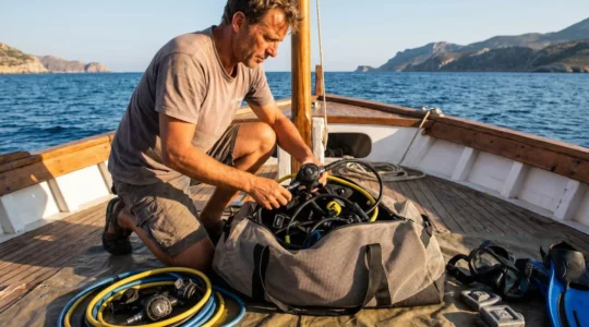 Plongeur organisant son équipement subaquatique dans un sac de plongée au bord d'un bateau