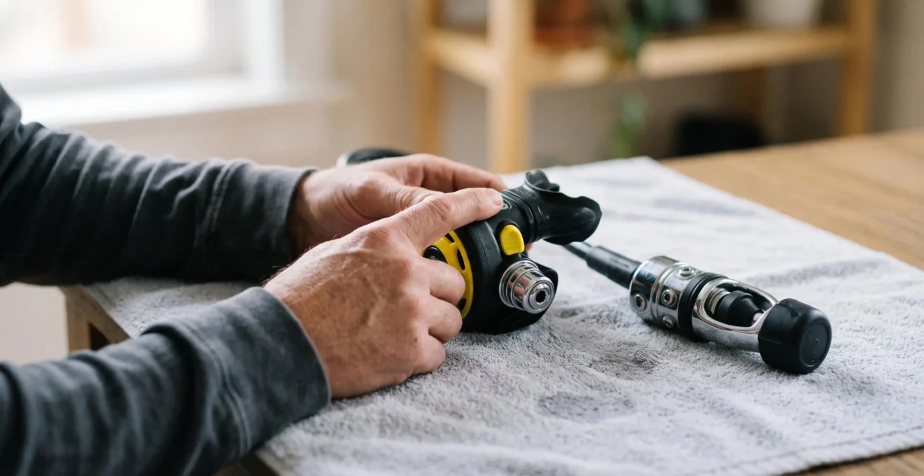 Des mains contrôlent un détendeur de plongée posé sur une serviette, déconnecté de toute bouteille.