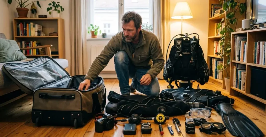 Plongeur préparant un grand sac de plongée à roulettes pour un voyage longue durée, équipements posés au sol Plongeur préparant un grand sac de plongée à roulettes pour un voyage longue durée, équipements posés au sol