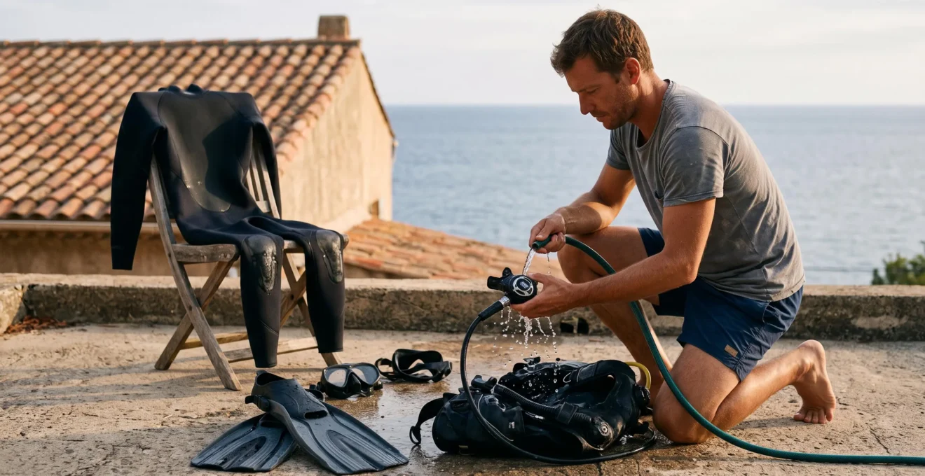Un plongeur rince son détendeur de plongée à l'eau douce sur une terrasse en bord de mer.