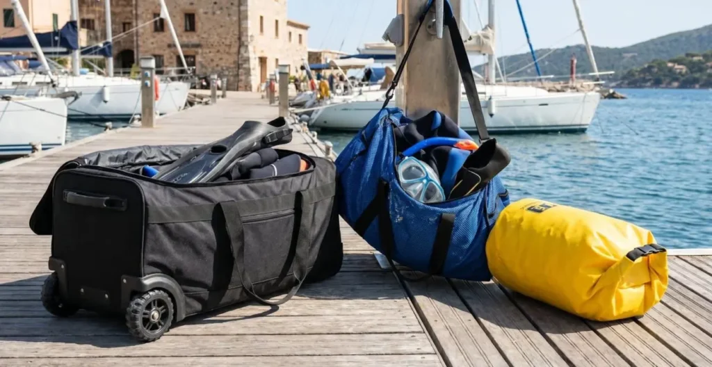 Différents types de sacs de plongée posés sur un quai de port de plaisance Différents types de sacs de plongée posés sur un quai de port de plaisance